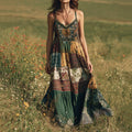 Vintage Bohemian Western Floral Patchwork Print V-neck Suspender Maxi Dress elevenforest