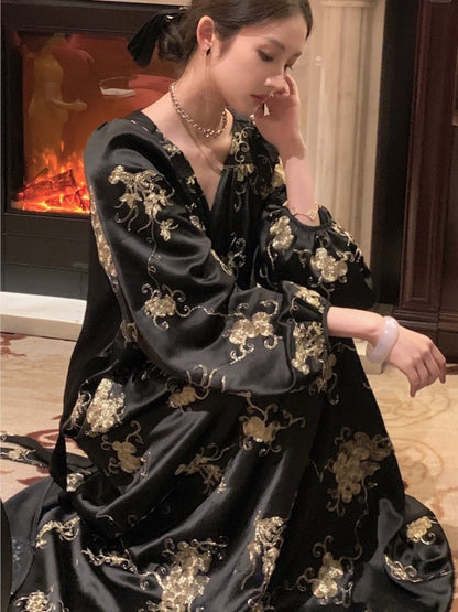 Printed Midi Dress Lantern Sleeve V-neck Autumn French Female Evening Party Prom Robe Vestidos Mujer New
