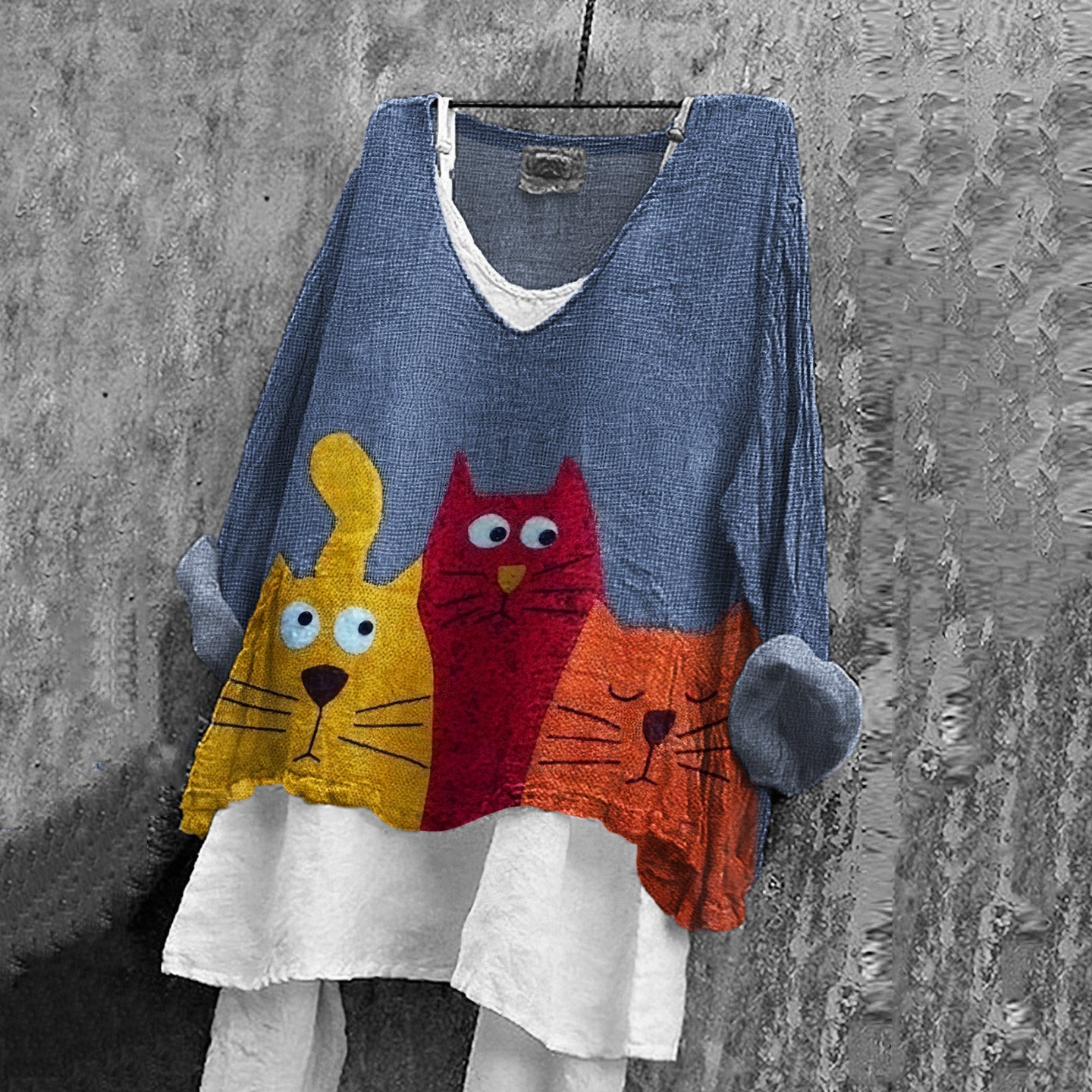 Comstylish Vintage Abstract Color Cat Embroidery Art Linen Blend Blouse