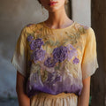 Vintage Purple Roses Embroidered Gradient Linen T Shirt elevenforest