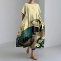 Wave Floral Japanese Art Loose Short Sleeved Midi Dress elevenforest