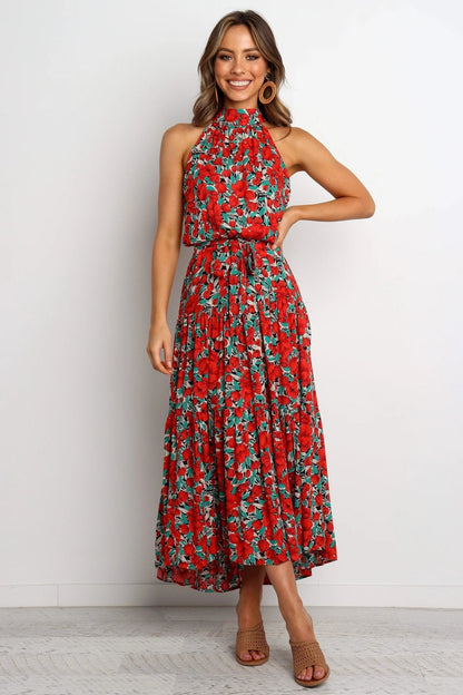 Halter Neck Large Hemline Maxi Dress Red