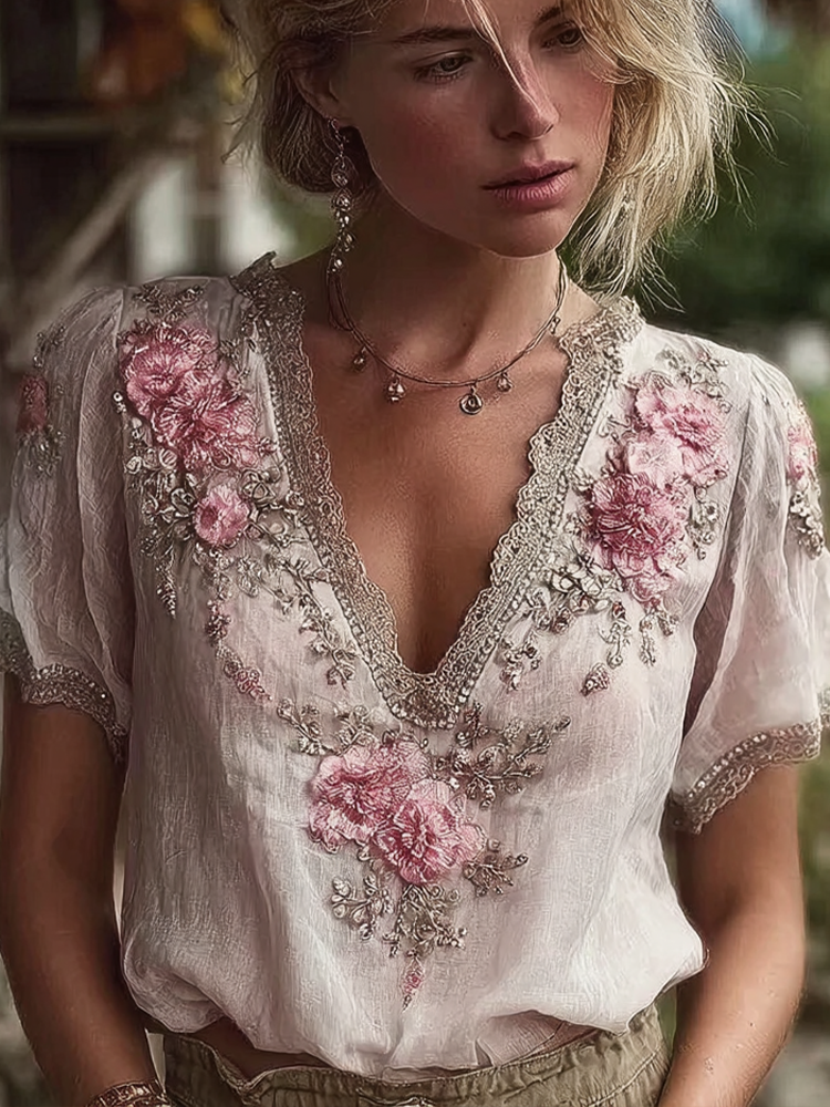 Bohemian Retro Pink Floral Pattern Women's Short-sleeve Top elevenforest