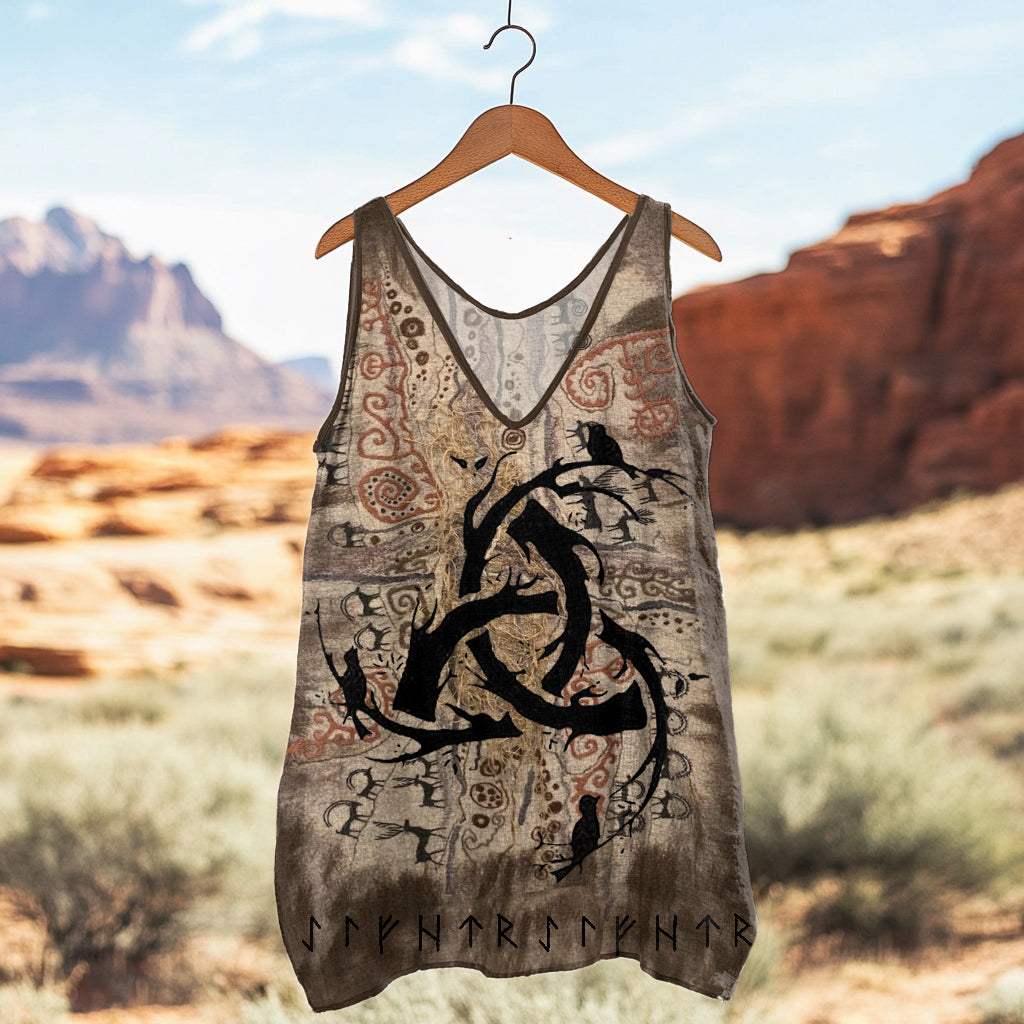 Women's Vintage Tribal Rune Forest Graphics Cotton And Linen Tank Top elevenforest