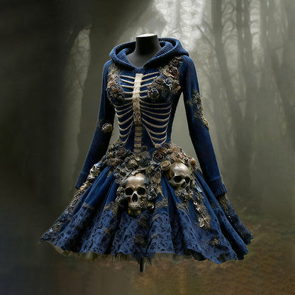 Women's Halloween Skull Flower Moss Witch Sweater Dress artswardrobe