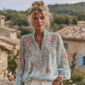 Women's Vintage Floral Embroidered Linen Blend V-neck Shirt elevenforest