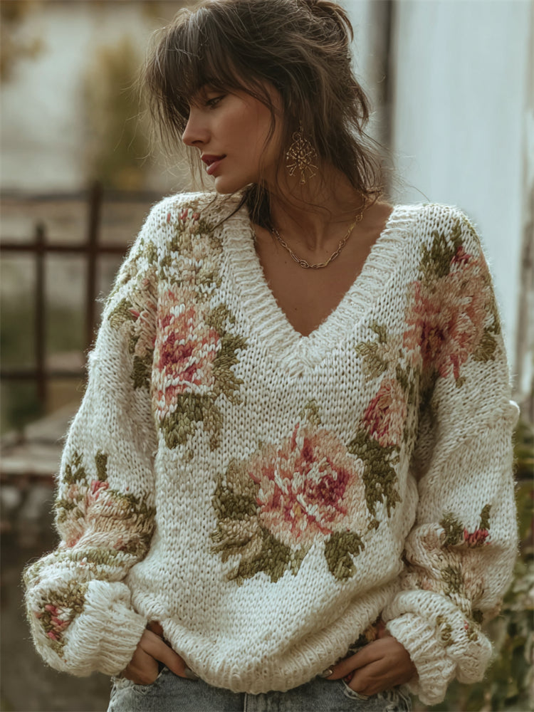 Vintage Pink Floral V Neck Cozy Knit Sweater elevenforest