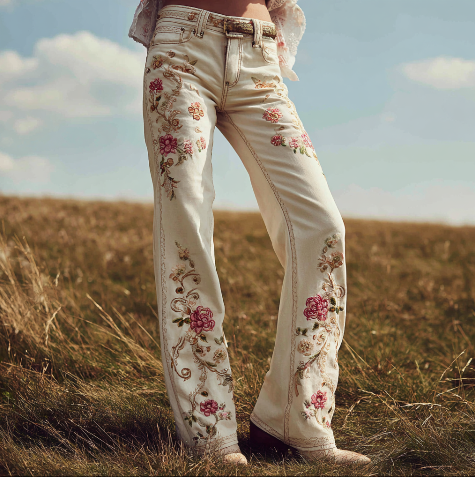 Bohemian Style Pink Rose Embroidery Pattern Women's Skinny Jeans elevenforest