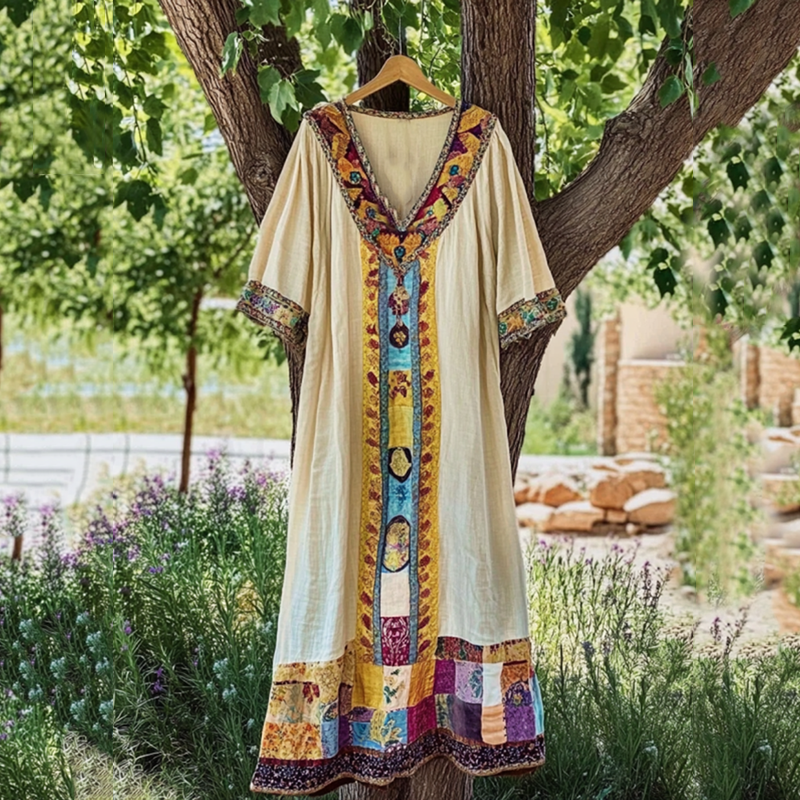 Vintage Patchwork Art Linen Short Sleeve Tank Dress elevenforest