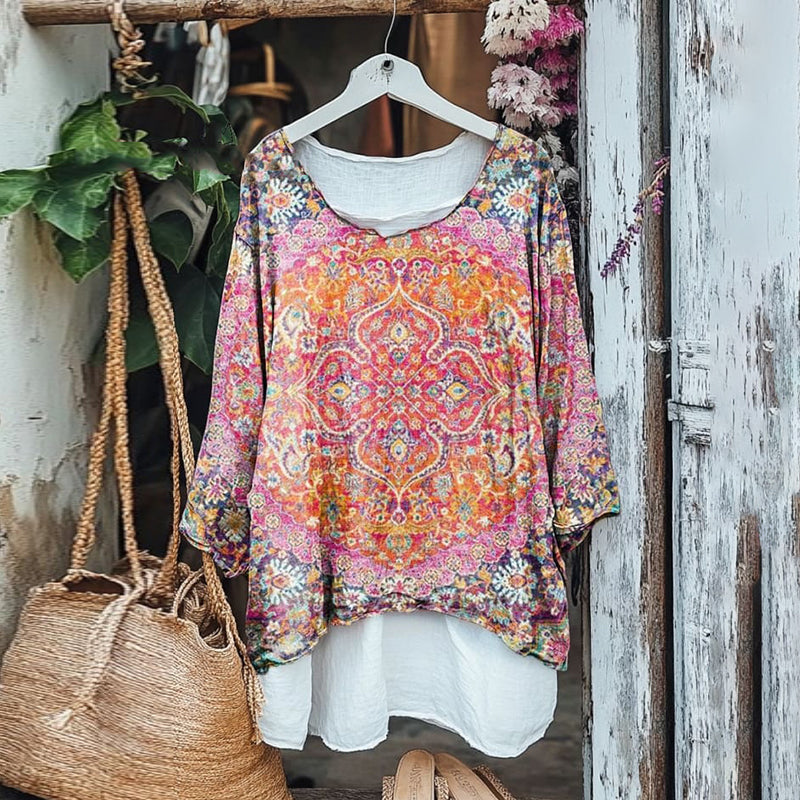 Vintage Bohemian Ethnic Print V-neck Cotton Line Blouse elevenforest