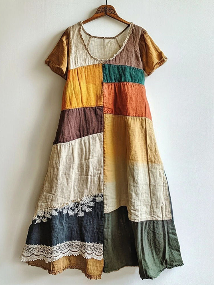 Vintage Lace Patchwork Linen Blend Long Dress elevenforest
