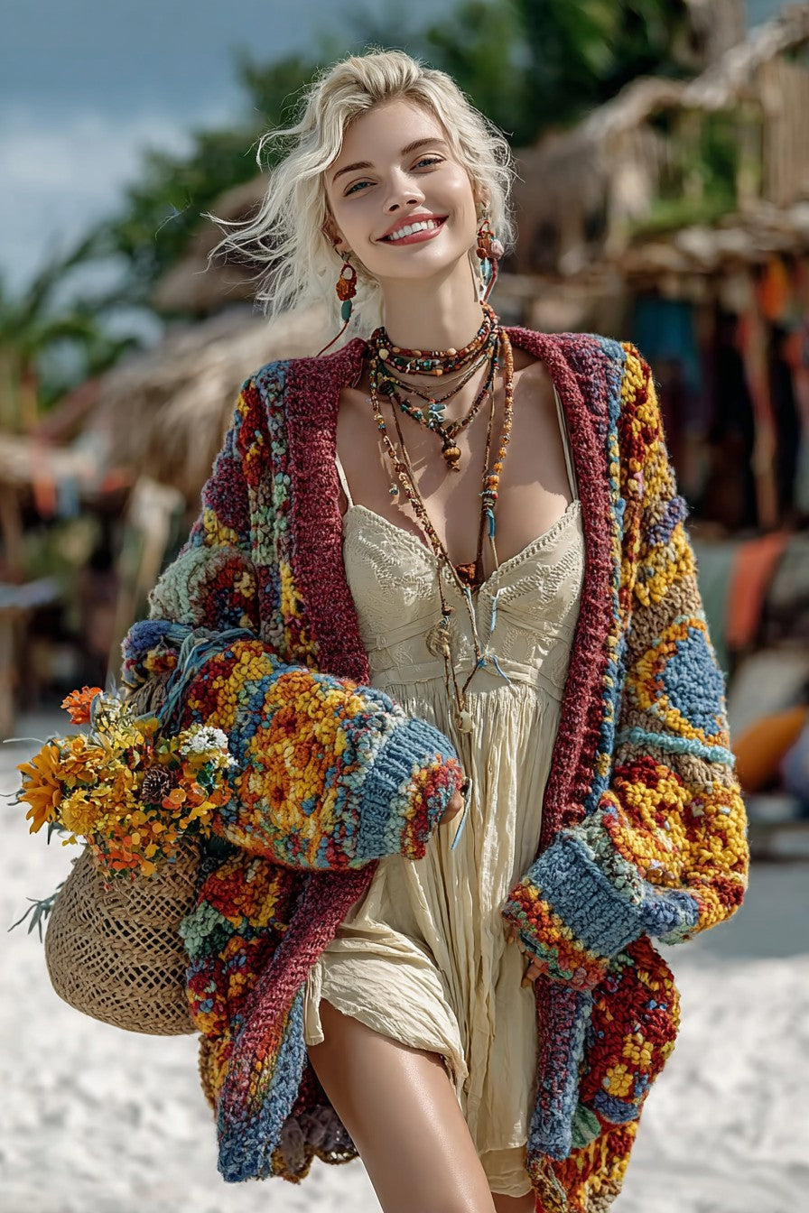 Women's Colorful Rainbow Patchwork Pattern Print Cardigan