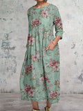 Women's Classic Floral Pattern Round Neck Cotton and Linen Top with Pockets