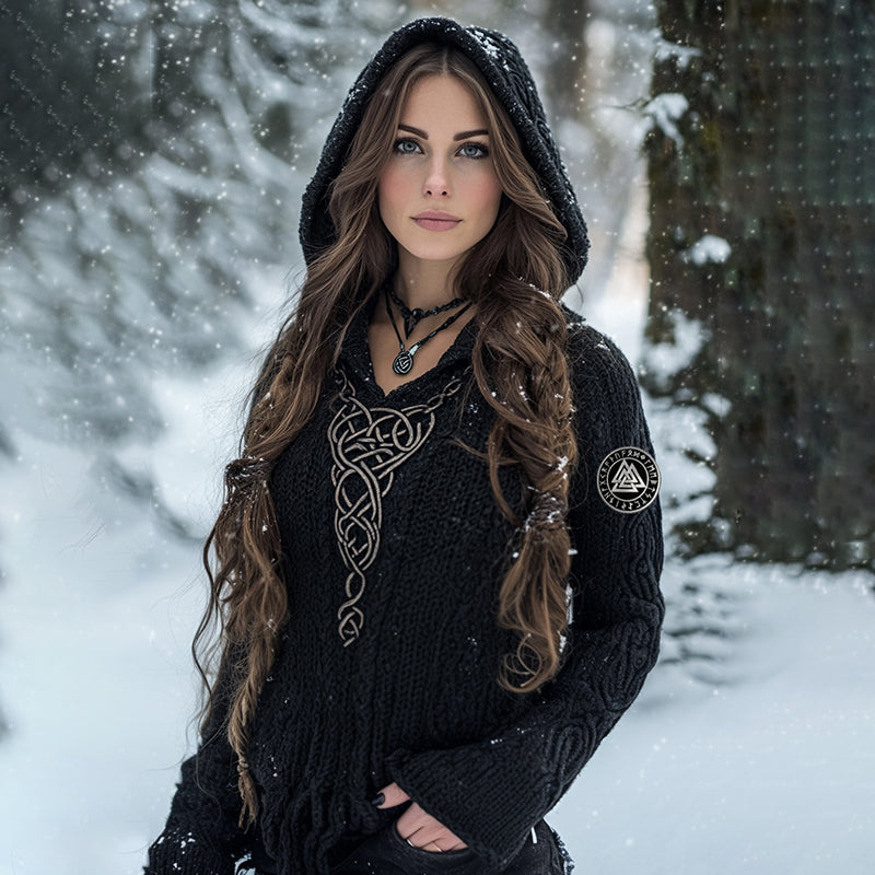 Women's Vintage Viking Totem Celtic Knot Pocket Hooded Sweater elevenforest