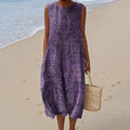 Women's Vintage Purple Floral Linen Maxi Dress