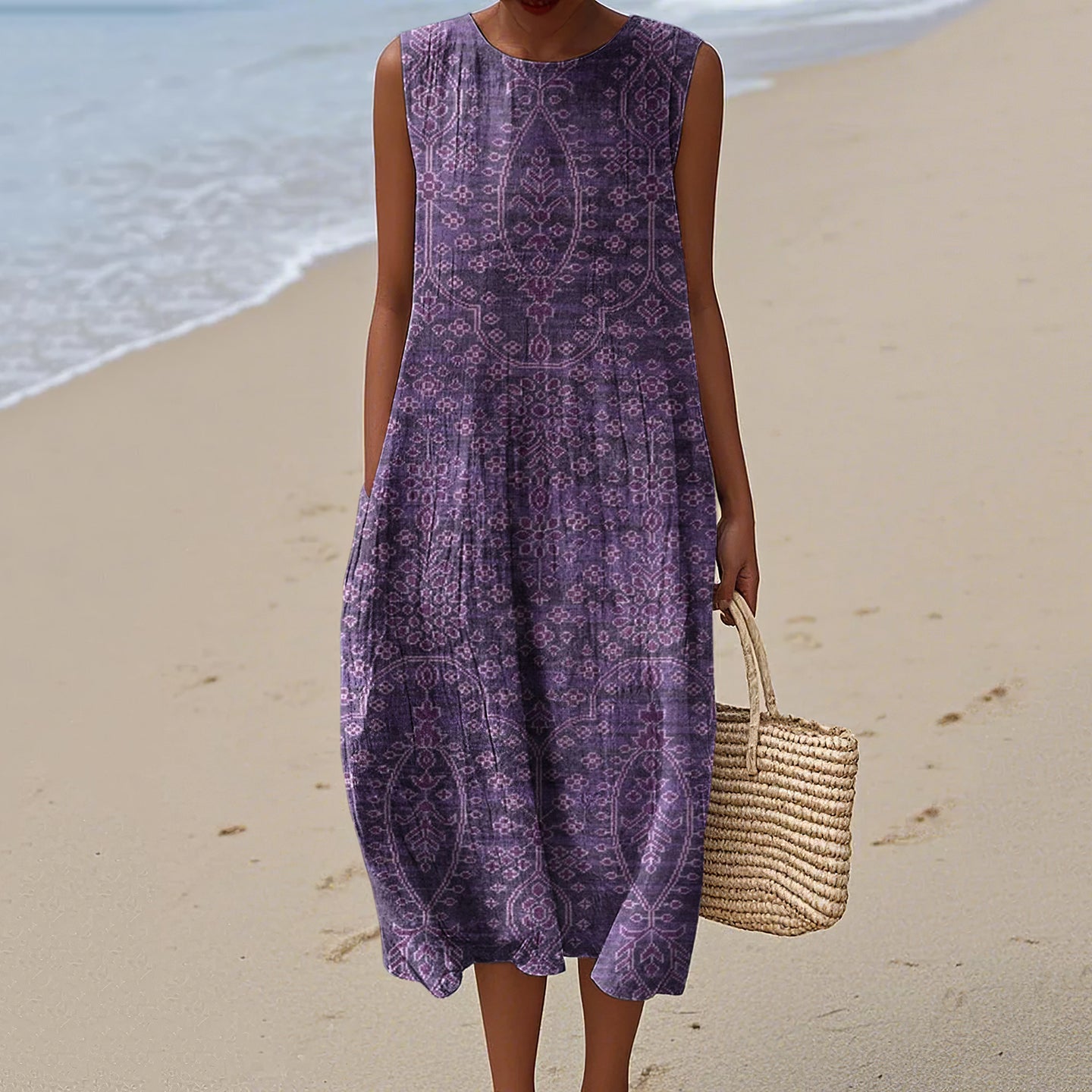 Women's Vintage Purple Floral Linen Maxi Dress