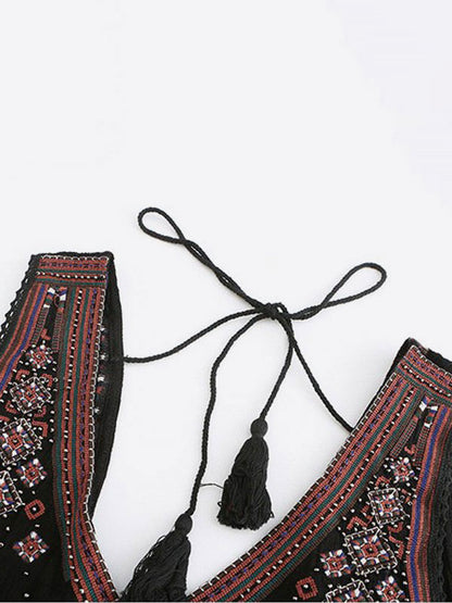 Dress Sleeveless V-neck Embroidered Gypsy Beach Vacation Black Summer Midi Tank Dress for