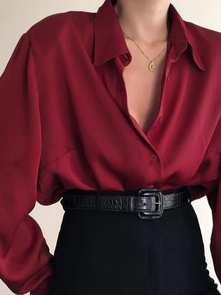 Button Blouses Turn Down Collar Shirts Office Lady Long Sleeve Blouse Loose Ol Shirt Baggy Tops Red/wine Red /black