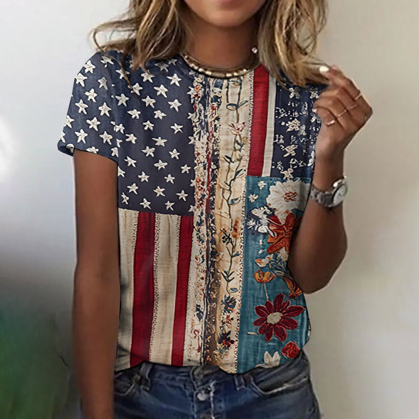 Comstylish Women's Vintage Independence Day And Floral Graphic T-shirt