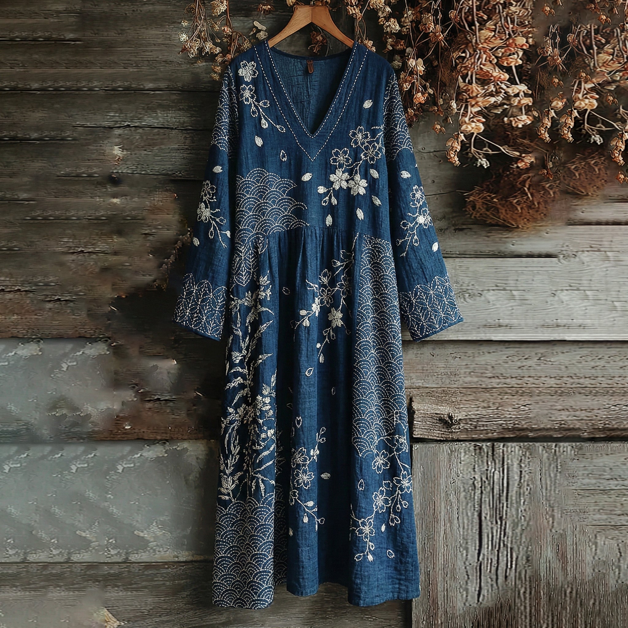 Vintage Japanese Traditional Sashiko Sakura Art Pattern Linen Blend Maxi Dress elevenforest