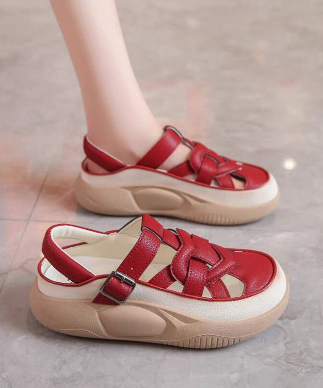 Red Hollow Out Platform Flat Sandals Splicing Qk048