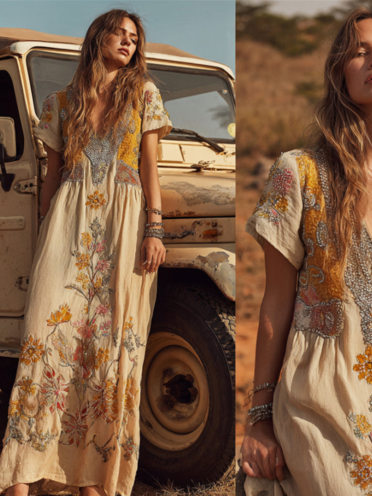 Bohemian Western Style Floral Green Leaf Vintage Embroidery V-neck Short Sleeve Long Dress elevenforest