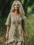 Vintage Floral Lace Patchwork Embroidery Women's Linen V-neck Maxi Dress elevenforest