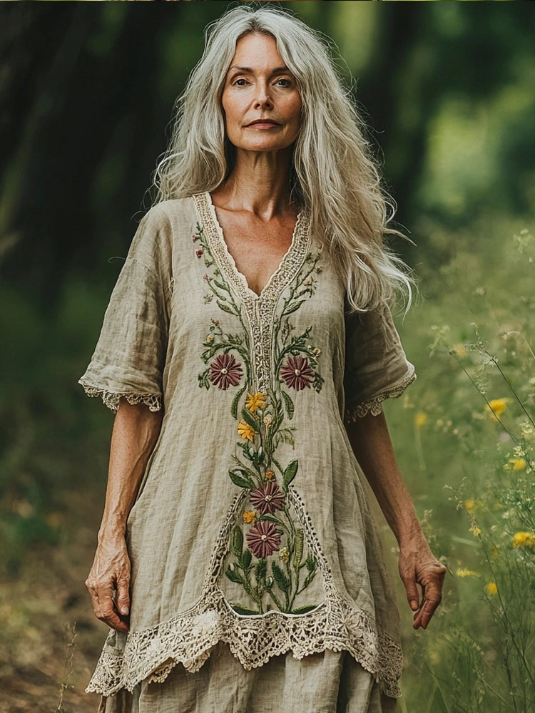 Vintage Floral Lace Patchwork Embroidery Women's Linen V-neck Maxi Dress elevenforest