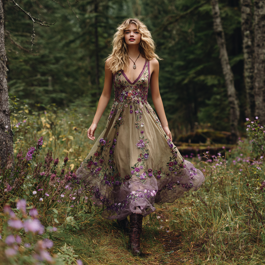 Vintage Purple Floral Embroidery V-neck Sleeveless Dress elevenforest