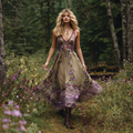 Vintage Purple Floral Embroidery V-neck Sleeveless Dress elevenforest