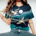 Crane Print Round Neck Short Sleeve T-Shirt elevenforest