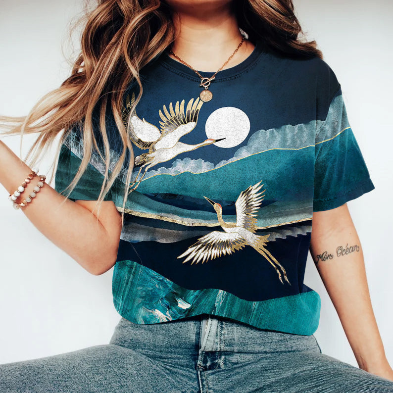 Crane Print Round Neck Short Sleeve T-Shirt elevenforest
