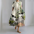Comstylish Women's Japanese Flower And Cat Art Print Short Sleeve Midi Dress