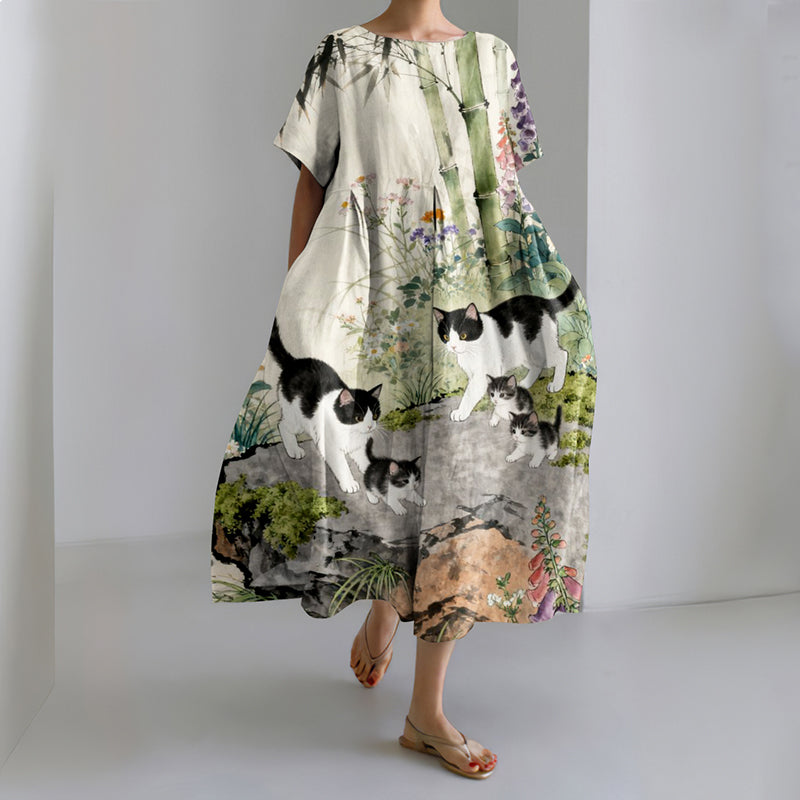 Comstylish Women's Japanese Flower And Cat Art Print Short Sleeve Midi Dress