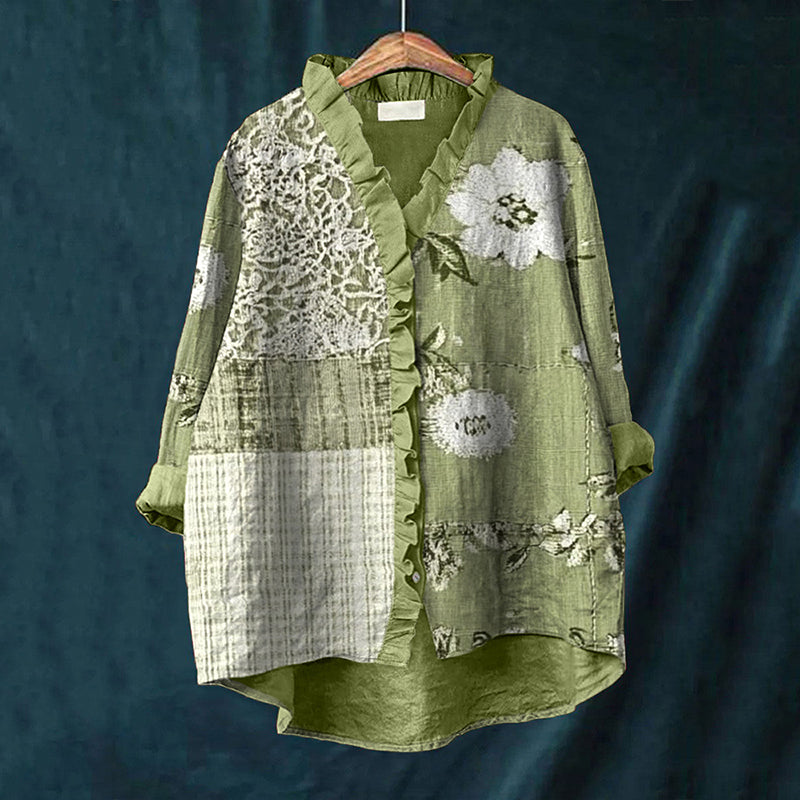 Elegant Floral & Lace Patchwork Linen Ruffle Shirt elevenforest