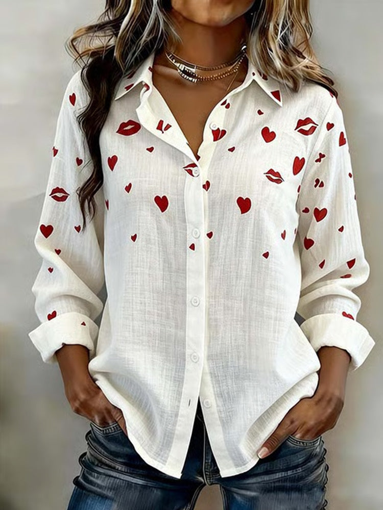 Comstylish Women's Casual Lapel Love And Kiss Printed Shirt