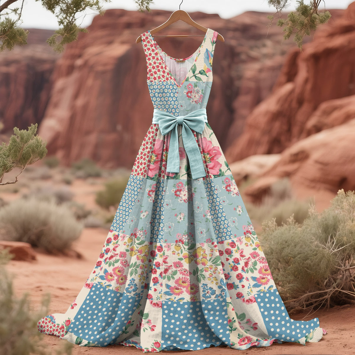Women's Vintage Floral Patchwork Art Linen Tank Midi Dress（belt Not Included） elevenforest