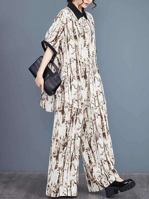 Half Sleeves High-low Buttoned Pleated Printed Split-side Lapel Blouses Top + Elasticity Pants Bottom Two Pieces Set