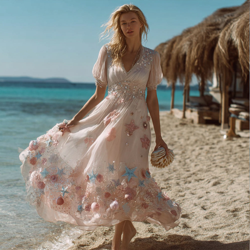 Bohemian Dreamy Ocean V-neck Short Sleeve Dress elevenforest