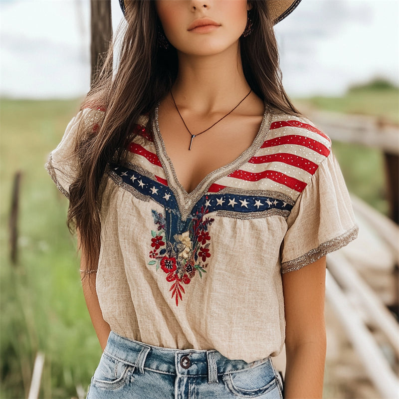 Floral Embroidered Glitter American Flag Inspired Linen Shirt elevenforest