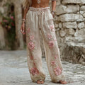 Women's Classic Pink Flowers Embroidery Art Linen Pants elevenforest