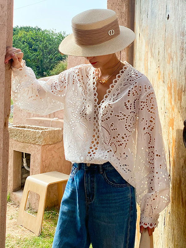 Long Sleeves Loose Hollow See-through Color Split-joint V-neck Blouses&shirts Tops