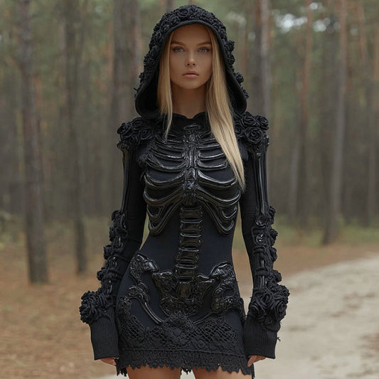 Comstylish Women's Vintage Skeleton & Rose Art Cozy Sweater Hooded Dress