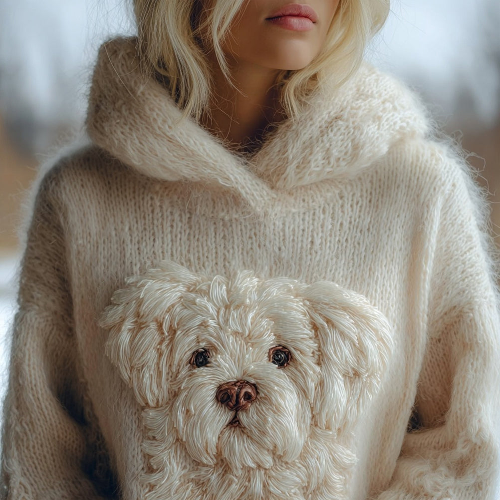 Comstylish Cute Fuzzy Dog Embroidered Cozy Hooded Sweater