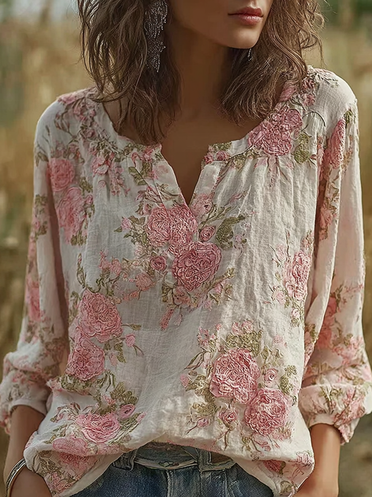 Bohemian Retro Countryside Style Plant Flower Design Cotton And Linen Women's Long-sleeve Shirt elevenforest