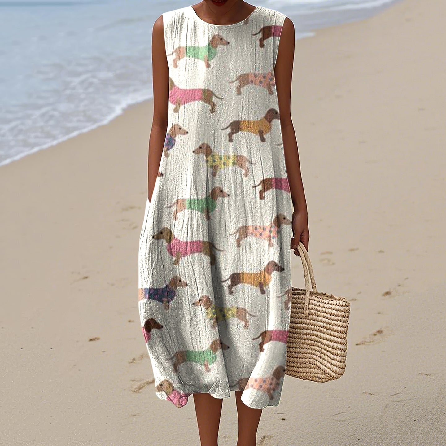 Women's Retro Cute Dachshund Art Print Sleeveless Dress elevenforest