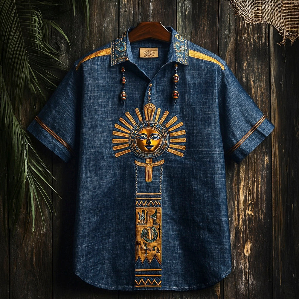 Egyptian Sun Disk Of Ra Embroidered Men's Linen Shirt elevenforest
