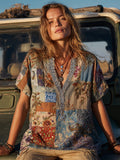 Bohemian Style Patchwork Three-dimensional Embroidery Diamond Vintage V-neck Short-sleeved Shirt