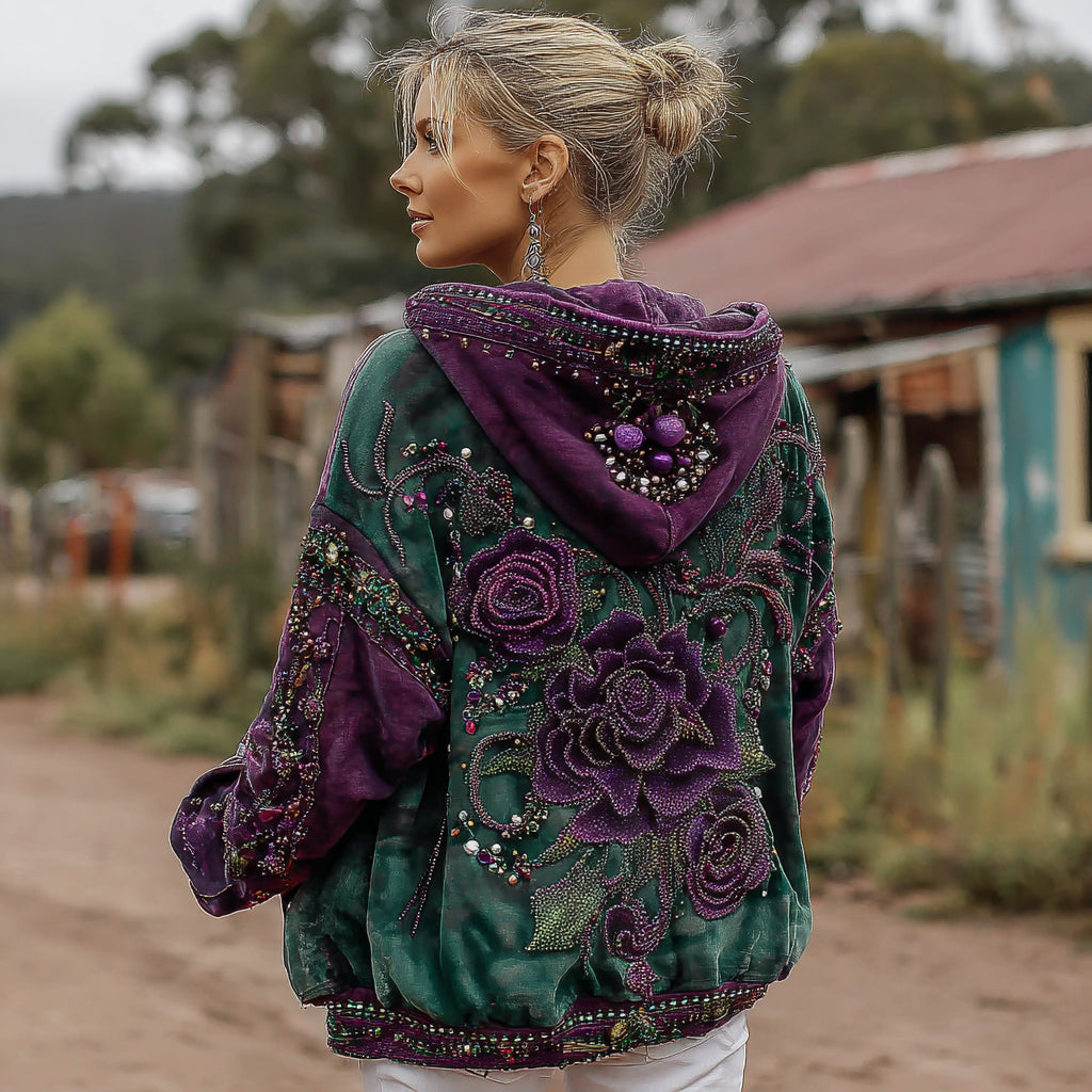 Women's Retro Purple Rose Contrast Pattern Casual Hoodie elevenforest