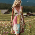 Women's Boho Floral Patch Art Comfy Midi Dress elevenforest